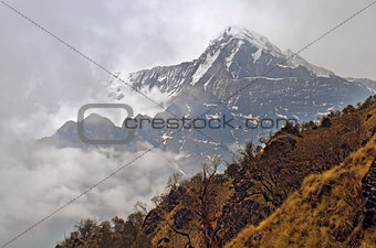 Cloudy Mountain Landscape in Himalaya. Cloudscape, Hiun Chuli peak.