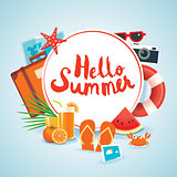 hello summer time travel season banner design and colorful beach