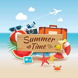 Summer time background banner design template and wooden sign se