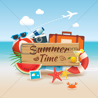 Summer time background banner design template and wooden sign se