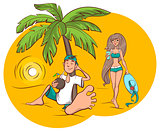 Beach vacation. Young man and woman are drinking refreshing cocktail on tropical island