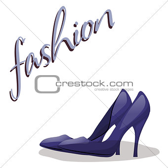 Fashionable woman s shoes blue color and fashion handwritten sing.