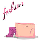 Fashionable woman s shoes and bag pink color and fashion handwritten sign