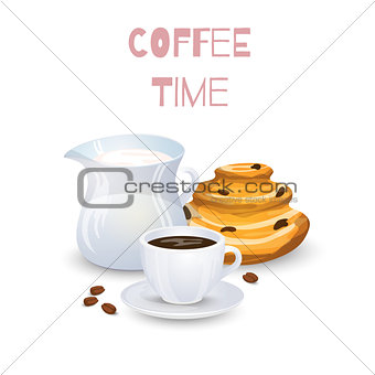 Coffee drink, milk jug and bun