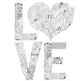 Word love with heart for coloring. Vector decorative zentangle object