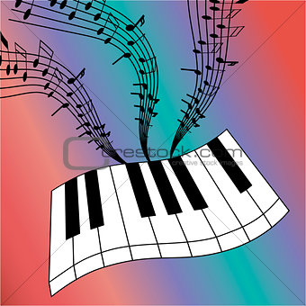 Abstract illustration of piano keys with a whirlwind of musical notes.
