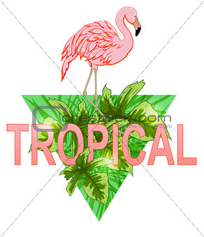 Flamingo and tropical leaves