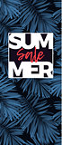 Indigo floral sale design with monstera palm leaves on dark background. Summer tropical camouflage banner design.