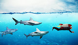 Concept of competition. Businessman escapes from sharks with a rocket