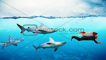 Concept of competition. Businessman escapes from sharks with a rocket