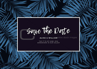 Indigo tropical wedding invitation with monstera palm leaves on dark background. Dark summer background design.