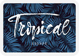 Indigo blue postcard with monstera palm leaves on dark background. Summer tropical design.