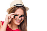Portrait of stylish girl in glasses on a white background closeu