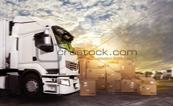 Truck in a deposit with packages ready to start