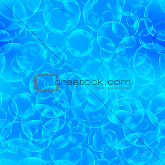 Soap bubbles and foam in blue water seamless pattern