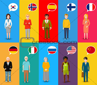 Colourful characters with speech bubbles with different countries flags in flat design style