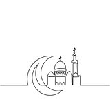 Continuous line drawing of mosque with moon.