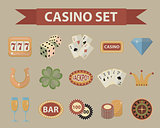 Casino icons, vintage style. Gambling set isolated on a white background. Poker, card games, one-armed bandit, roulette collection of design elements. Vector illustration, clip art.