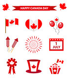 Happy Canada Day icons set, design elements, flat style. July 1 National Day of Canada holiday collection of objects with firework, flag, hat, balloons, emblem. Vector illustration.