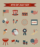 Vintage style set of patriotic icons Independence Day of America. July 4th collection of design elements, isolated on white background. Vector illustration, clip-art.