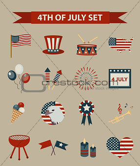 Vintage style set of patriotic icons Independence Day of America. July 4th collection of design elements, isolated on white background. Vector illustration, clip-art.