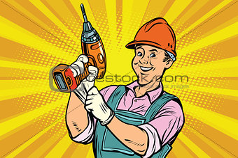 Construction worker with the repair tool drill
