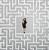 Confused businesswoman at the center of a maze