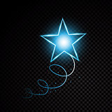 Blue glittering spiral star dust trail sparkling particles on transparent background. Space comet tail. Vector glamour fashion illustration