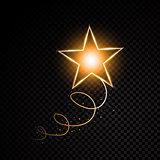 Gold glittering spiral star dust trail sparkling particles on transparent background. Space comet tail. Vector glamour fashion illustration