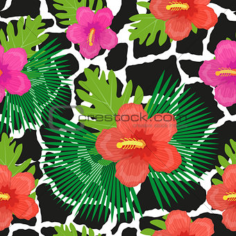 Tropical flowers, plants, leaves and animal skin seamless pattern. Summer Endless floral background. Paradise repeating texture. Exotic backdrop. Vector illustration.