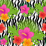 Tropical flowers, plants, leaves and animal skin seamless pattern. Summer Endless floral background. Paradise repeating texture. Exotic backdrop. Vector illustration.