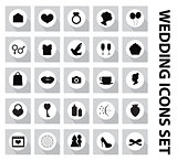 Wedding set of icons, design elements, black silhouette with long shadows.Marriage and romance of a collection of objects with ring, bride, groom, balloons, hearts, flowers. Vector illustration