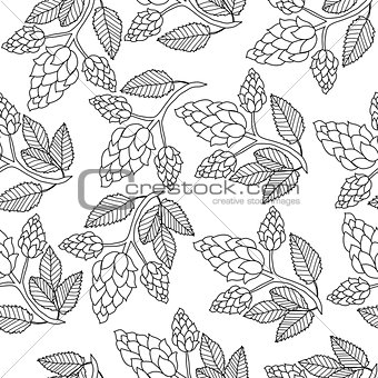 Hops seamless pattern, hand drawing, doodle style. Outline repeating texture, endless background. Brewing concept. Vector illustration.