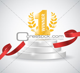 Winner background with red ribbon, on round pedestal isolated on white. Poster or brochure template.