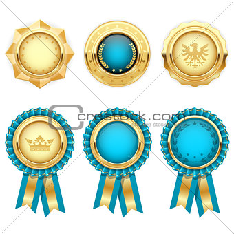 Turquoise award rosettes and gold heraldic medals 