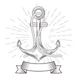 Emblem with vintage anchor with rope and banner