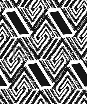 Hand drawn vector abstract freehand textured seamless pattern collage with zebra motif,organic textures,triangles isolated on black background.Wedding,save the date,birthday,fashion decoration.