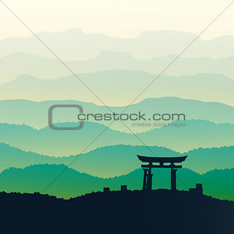 Green mountains in the fog. Seamless background.