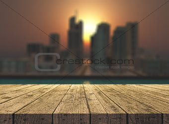 3D wooden table looking out to a fictional city landscape