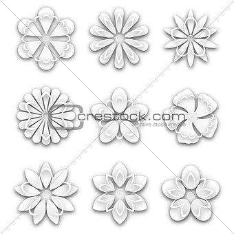 Set of white paper flower buds, vector illustration.