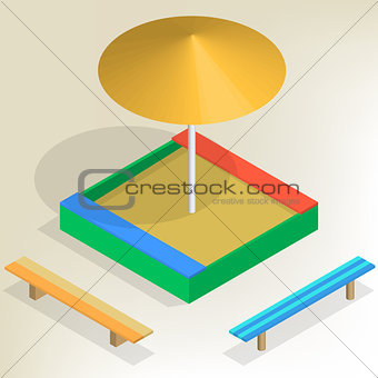 Sandbox with benches in isometric, vector illustration.