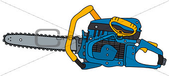 Blue and yellow chainsaw
