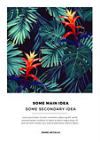 Floral vertical postcard design with guzmania flowers, monstera and royal palm leaves. Exotic hawaiian vector background.