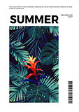 Floral vertical summer postcard design with guzmania flowers, monstera and royal palm leaves. Exotic hawaiian vector background.