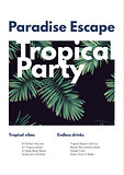 Dark vector tropical summer party flyer design with green jungle palm leaves.