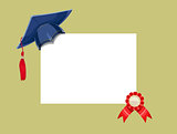 Blue academicic graduation cap with diploma medal