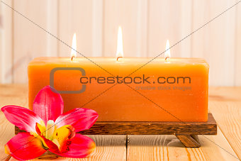 big burning candle and tropical flower on a wooden table