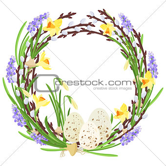 Floral wreath with spring flowers. Botanical illustration. Pastel colors. Vector.