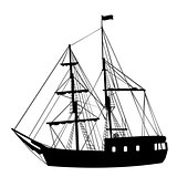 Silhouette of sailing ship on white background