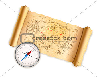 Ancient pirate map on old paper with glossy compass isolated on white